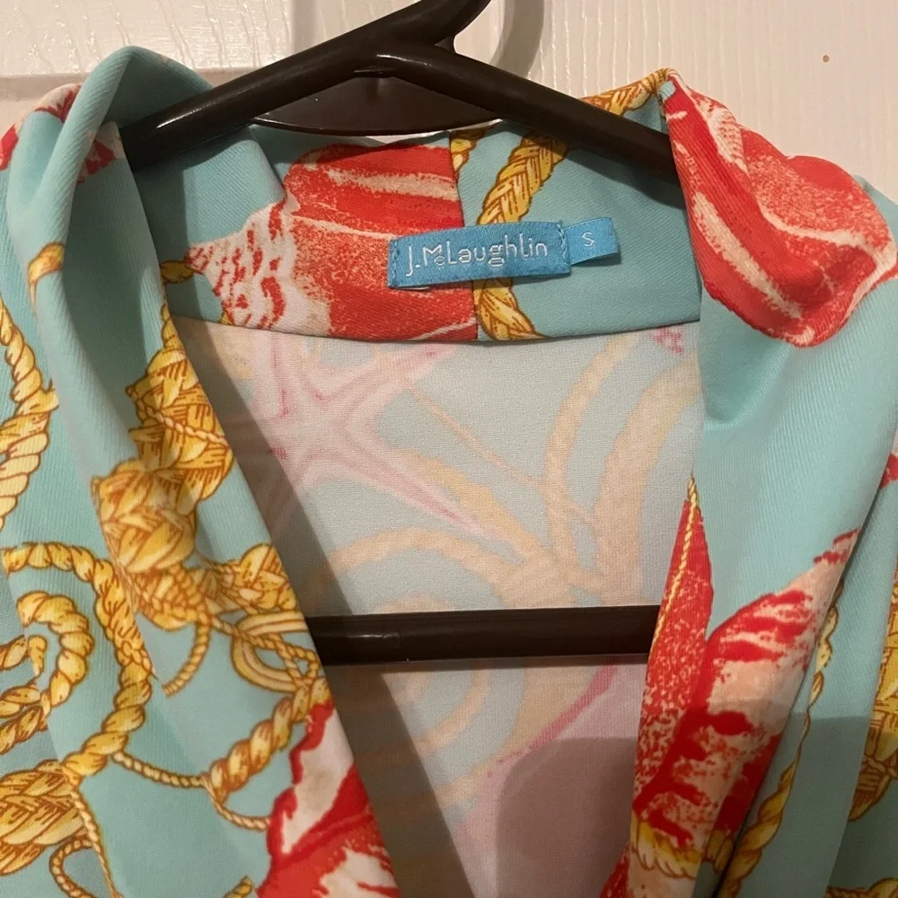 J. McLaughlin | Blue Gold Chain Catalina 3/4 Seashell Faux Wrap Blouse Small - Picture 2 of 5